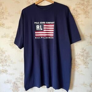 Vintage 90s Ralph Lauren Polo Jeans Co. Flag Tee | Made in USA | Size XL